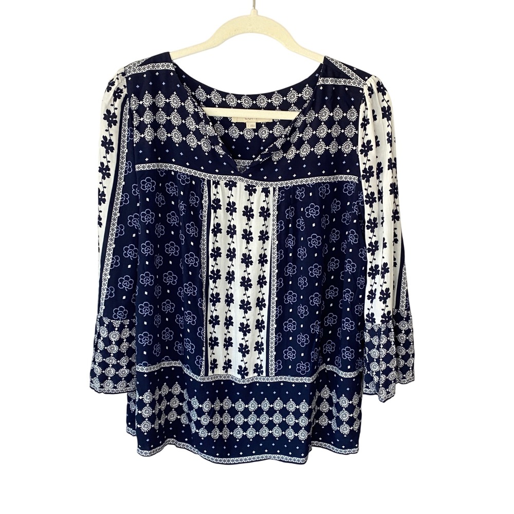 LOFT Navy White Floral Medallion Boho Split Neck Bell Sleeve Blouse Large